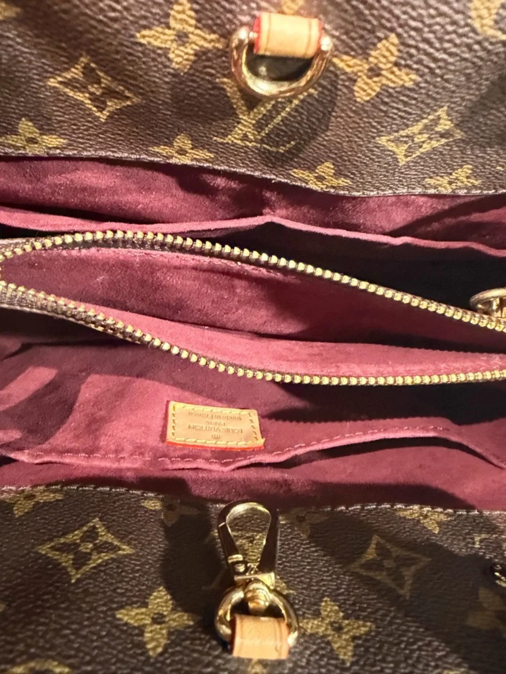 Louis Vuitton Monogram Canvas Satchel with Tan Handles and Red Trim